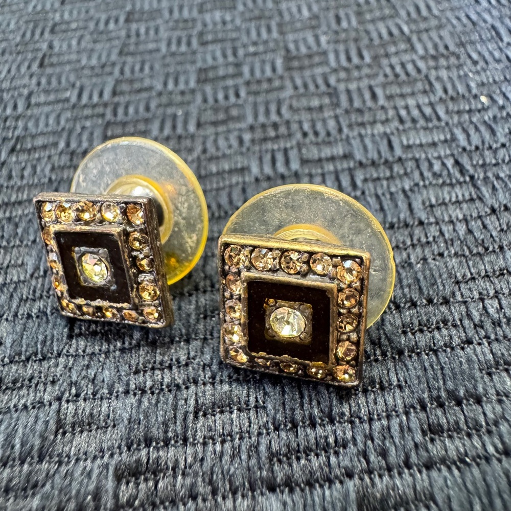 Elegant vintage David Grau square earrings with rhinestones and enamel